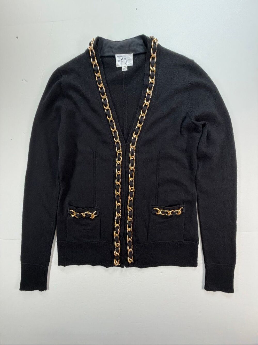 Milly Blair Waldorf Gossip Girl Cardigan Size M Black Gold Chain Merino Wool EUC